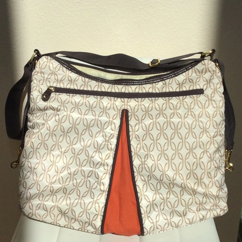 EUC Skip Hop Baby Diaper Bag Brown Cream Expandable Orange Center
